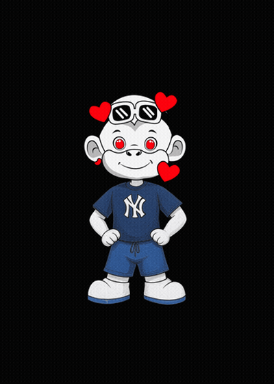 A Cartoon Monkey Wearing A Ny Shirt And Shorts With Red Hearts In His Eyes GIF
