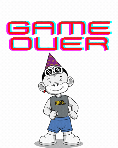 A Cartoon Monkey Wearing A Party Hat And Sunglasses Stands In Front Of A Game Over Sign GIF