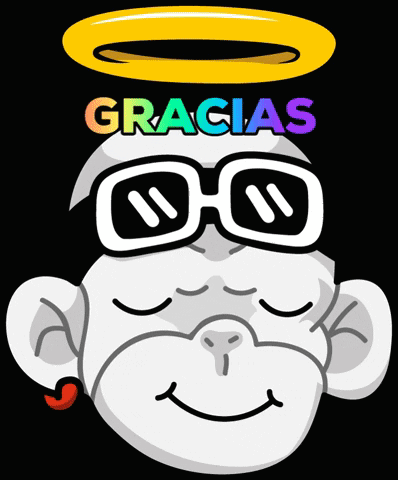 A Cartoon Monkey Wearing Glasses And A Halo With The Word Gracias Above It GIF