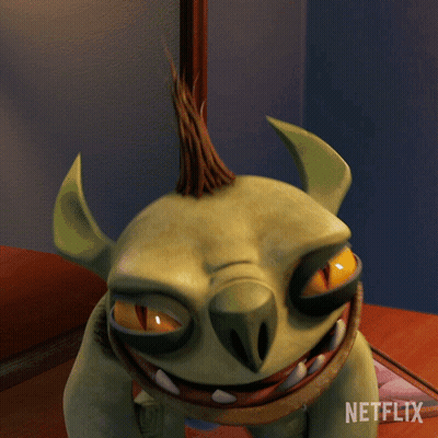 A Cartoon Monster Is Sitting On A Table Next To A Netflix Sign GIF