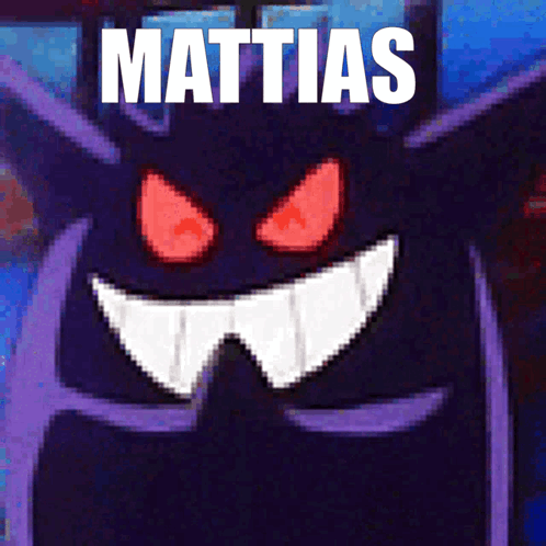 A Cartoon Monster With Red Eyes And The Name Mattias On It GIF