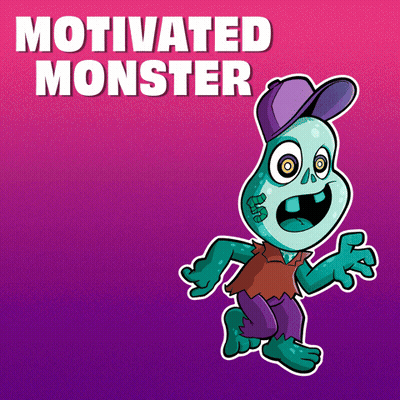 A Cartoon Monster With The Words Motivated Monster Behind It GIF