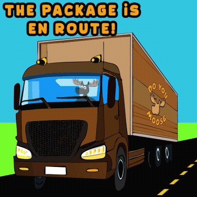 A Cartoon Moose Is Driving A Truck That Says The Package Is En Route GIF