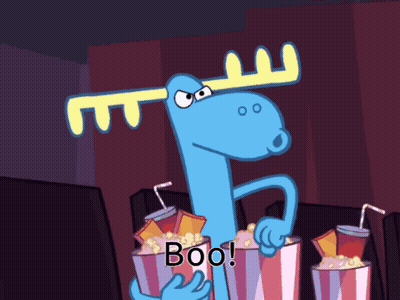A Cartoon Moose Is Holding Buckets Of Popcorn And Drinks With The Words Boo Written Below It GIF