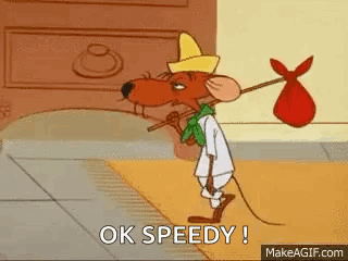 A Cartoon Mouse Is Carrying A Bag On His Back And Says `` Ok Speedy '' . GIF