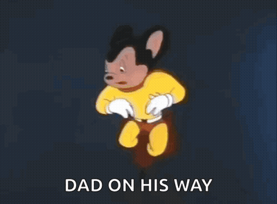 A Cartoon Mouse Is Flying Through The Air With The Words Dad On His Way Below Him GIF
