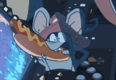 A Cartoon Mouse Is Holding A Hot Dog In His Mouth GIF
