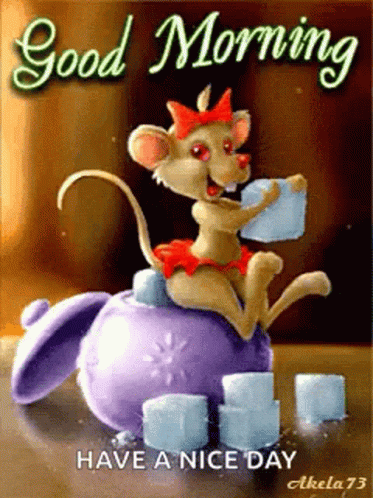 A Cartoon Mouse Is Sitting On Top Of A Purple Teapot Filled With Marshmallows . GIF