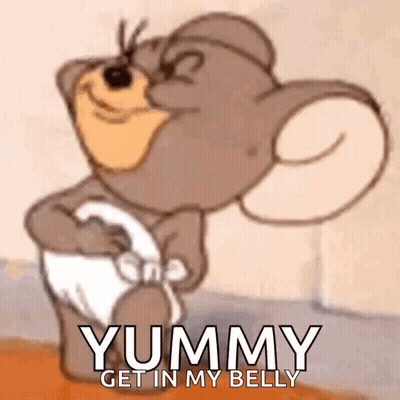 A Cartoon Mouse Is Wearing A Diaper And Saying Yummy Get In My Belly GIF