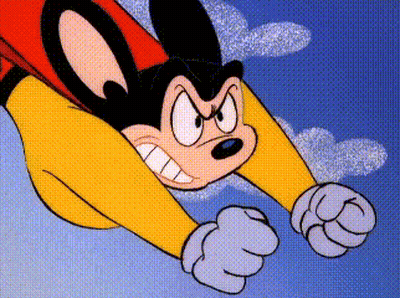 A Cartoon Mouse Is Wearing A Red Cape And Flying Through The Air . GIF