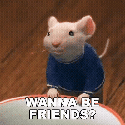 A Cartoon Mouse Wearing A Blue Sweater Says " Wanna Be Friends ? " GIF