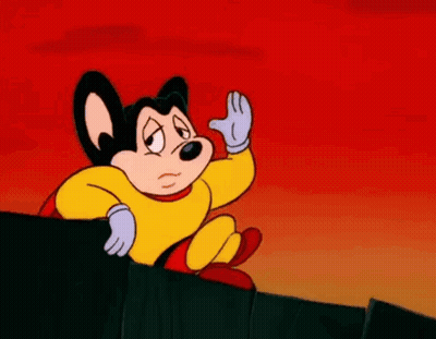 A Cartoon Mouse Wearing A Yellow Superhero Costume Is Standing On A Ledge . GIF