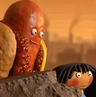 A Cartoon Octopus Is Sitting On A Rock Next To A Little Girl . GIF