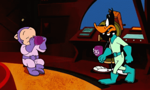A Cartoon Of A Baby And A Duck Drinking From A Purple Cup GIF