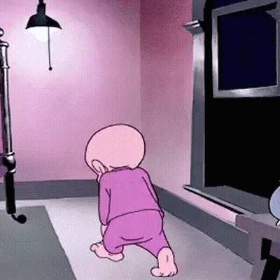A Cartoon Of A Baby Crawling In A Pink Room GIF