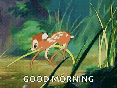 A Cartoon Of A Baby Deer With The Words `` Good Morning '' Written On It . GIF