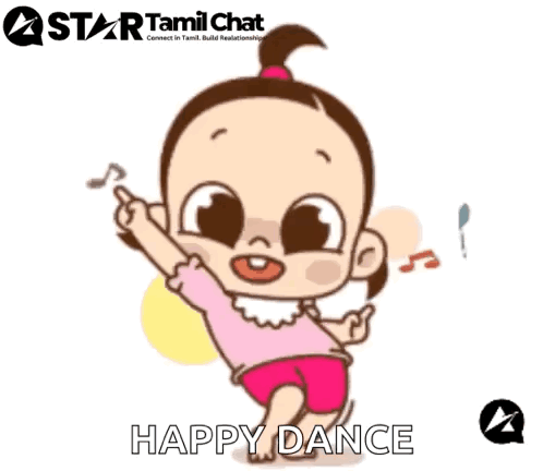 A Cartoon Of A Baby Girl Dancing With The Words Happy Dance Written Below Her . GIF
