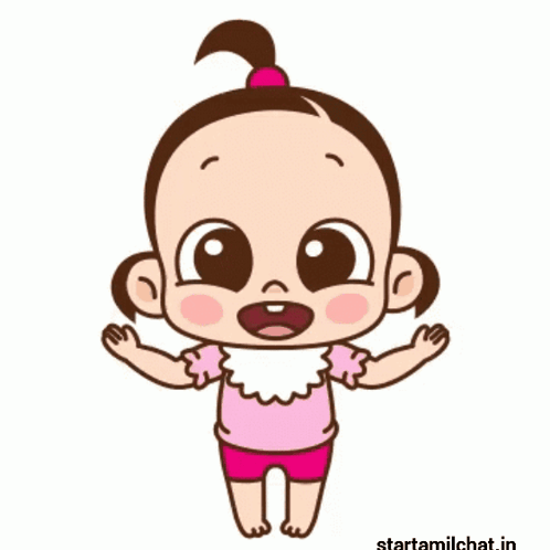 A Cartoon Of A Baby Girl In A Pink Shirt And Red Shorts GIF