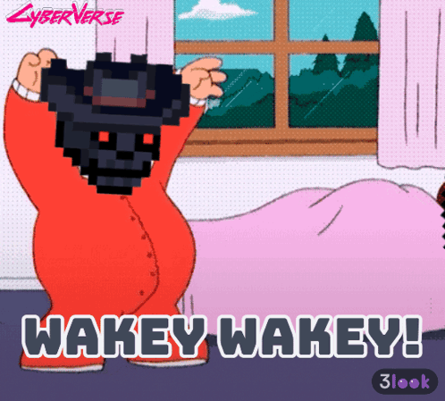 A Cartoon Of A Baby Holding A Mask With The Words Wakey Wakey Written Below It GIF