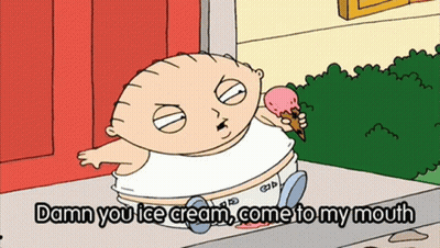 A Cartoon Of A Baby Holding An Ice Cream Cone With The Words " Damn You Ice Cream Come To My Mouth " GIF