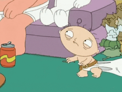 A Cartoon Of A Baby In A Diaper Sitting On The Floor Next To A Can Of Soda . GIF