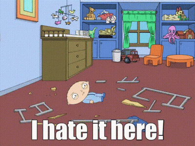 A Cartoon Of A Baby Laying On The Floor And The Words I Hate It Here GIF