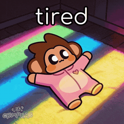 A Cartoon Of A Baby Monkey Laying On A Rainbow Rug With The Word Tired Above Him GIF