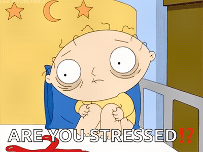 A Cartoon Of A Baby Sitting In A Bed With The Words Are You Stressed GIF
