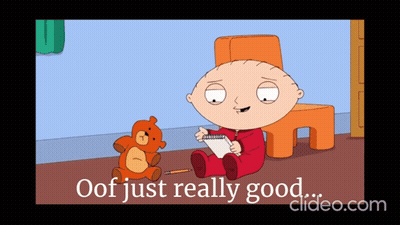 A Cartoon Of A Baby Sitting Next To A Teddy Bear With The Words Oof Just Really Good GIF