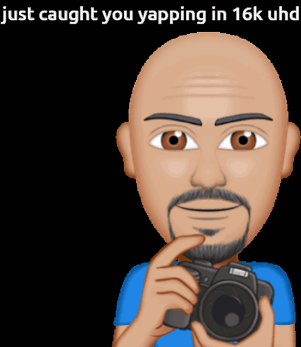 A Cartoon Of A Bald Man Holding A Camera With The Words Just Caught You Yapping In 16K Uhd Above Him GIF