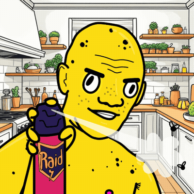 A Cartoon Of A Bald Man Spraying Raid On Himself GIF
