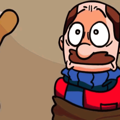 A Cartoon Of A Bald Man With A Mustache And A Scarf Around His Neck GIF