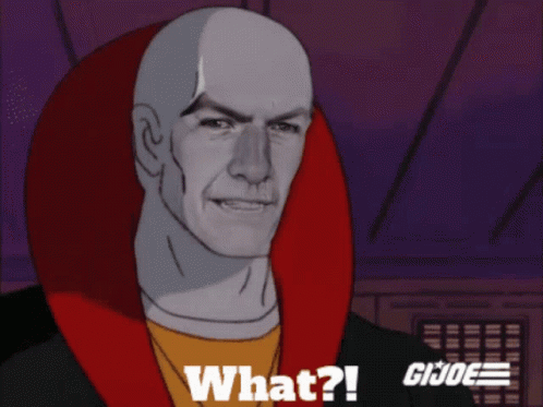 A Cartoon Of A Bald Man With The Words " What ? " On The Bottom Right GIF