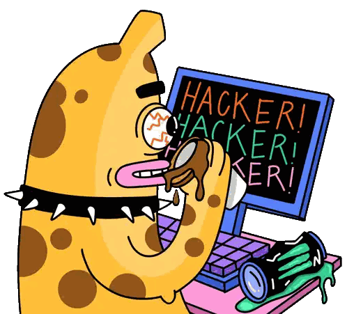 A Cartoon Of A Banana Eating A Chocolate Bar With The Words Hacker Written On A Computer Screen Sticker