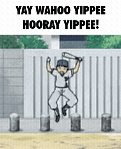 A Cartoon Of A Baseball Player Jumping Over A Fence With A Bat In His Hand . GIF
