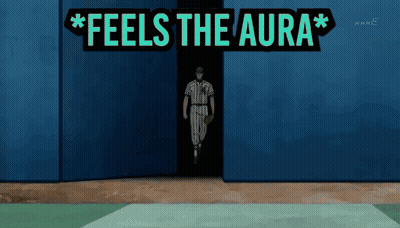 A Cartoon Of A Baseball Player Walking Through A Door That Says " Feels The Aura " GIF