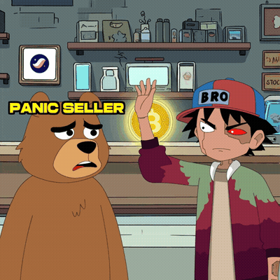 A Cartoon Of A Bear And A Boy With The Words Panic Seller On The Bottom GIF