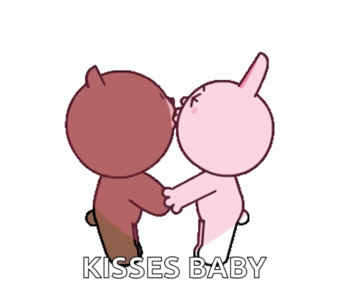 A Cartoon Of A Bear And A Rabbit Kissing With The Words Kisses Baby Written Below Them GIF