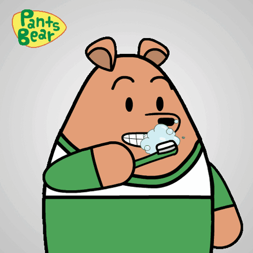 A Cartoon Of A Bear Brushing His Teeth With The Words Pants Bear Behind Him GIF