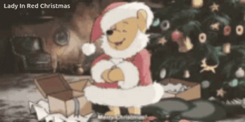 A Cartoon Of A Bear Dressed As Santa Claus GIF