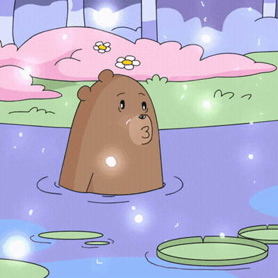 A Cartoon Of A Bear Drinking Water From A Pond With Flowers In The Background GIF