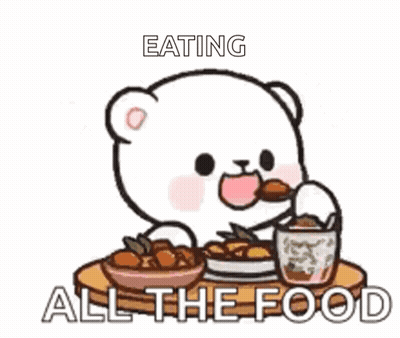 A Cartoon Of A Bear Eating All The Food With Hearts Around Him . GIF
