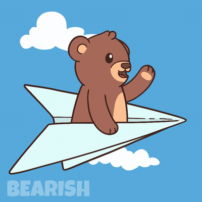 A Cartoon Of A Bear Flying On A Paper Airplane With The Word Bearish Below It GIF
