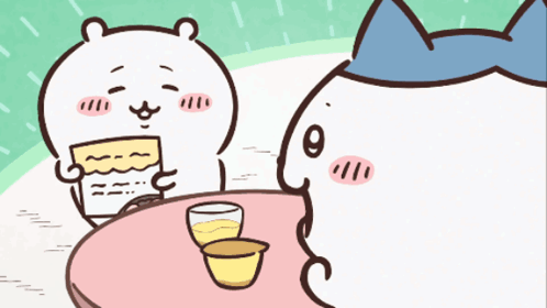 A Cartoon Of A Bear Holding A Piece Of Cake And A Cat Sitting At A Table GIF