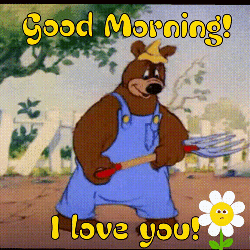 A Cartoon Of A Bear Holding A Pitchfork With The Words Good Morning I Love You GIF