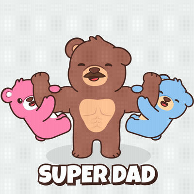 A Cartoon Of A Bear Holding Up Two Teddy Bears With The Words Superdad Behind Him GIF