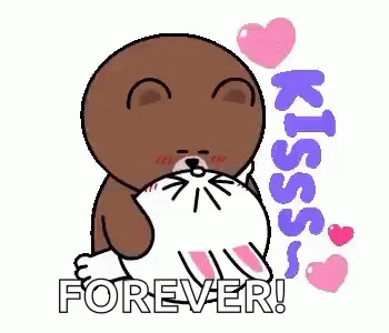A Cartoon Of A Bear Kissing A Rabbit With Hearts Around It . GIF