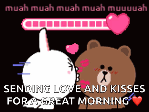 A Cartoon Of A Bear Kissing A Rabbit With The Words " Sending Love And Kisses For A Great Morning " GIF