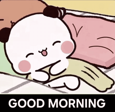 A Cartoon Of A Bear Laying On A Bed With The Words Good Morning Below It GIF