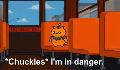 A Cartoon Of A Bear On A Bus With The Words " Chuckles I 'M In Danger " Below It GIF